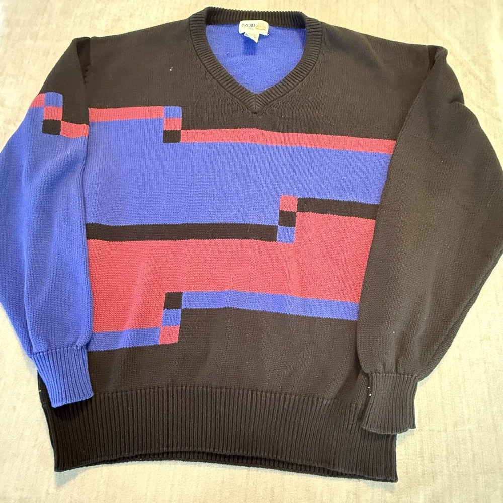 Izod Club Vintage XL Colorblock Sweater V Neck 100% Cotton Geometric Knit